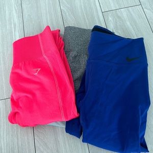 3 women’s leggings. All size L. Gymshark, Nike and a pair from a boutique store
